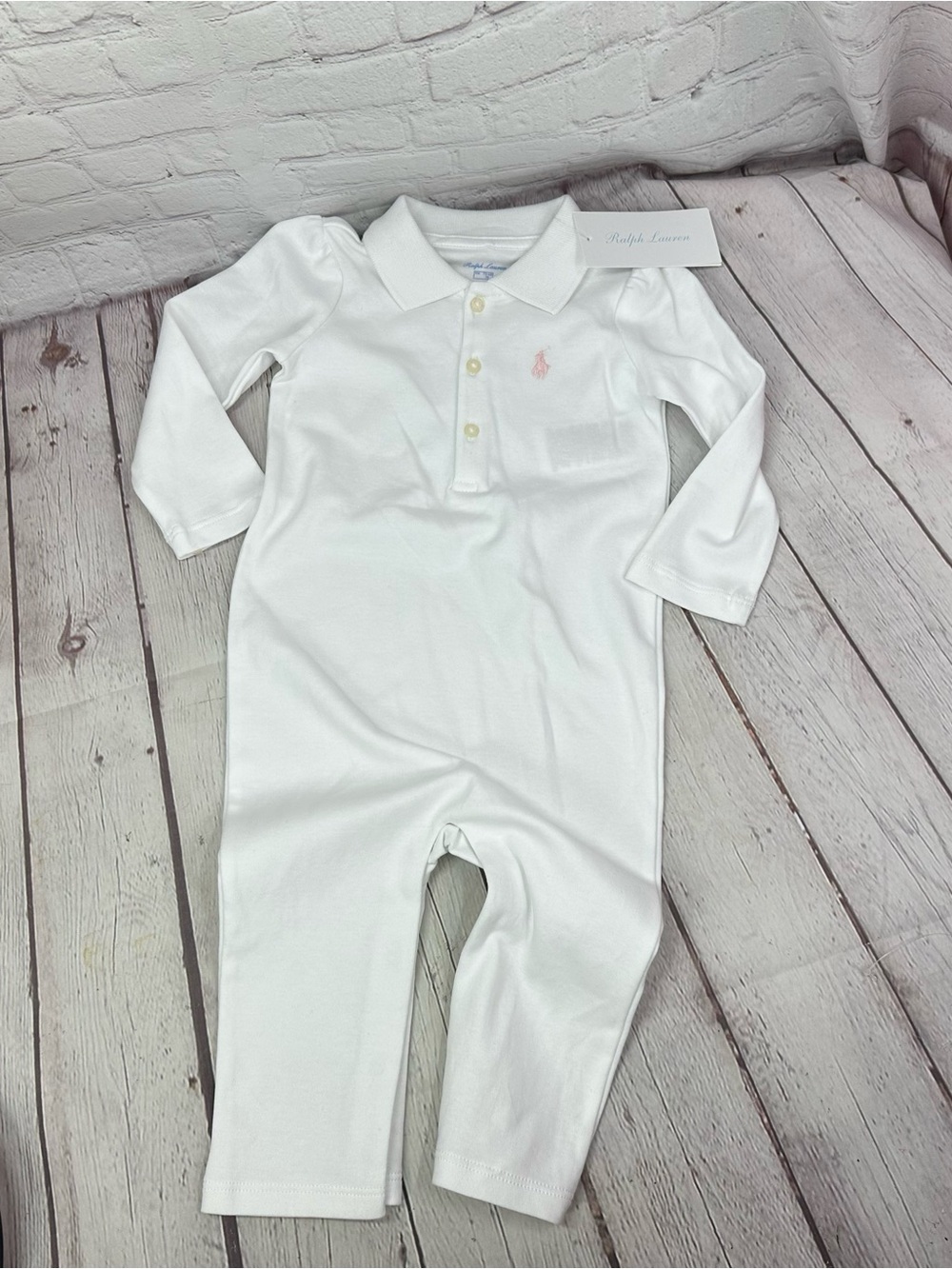 Ralph Lauren White Long-Sleeve Polo One-Piece with Pink Pony